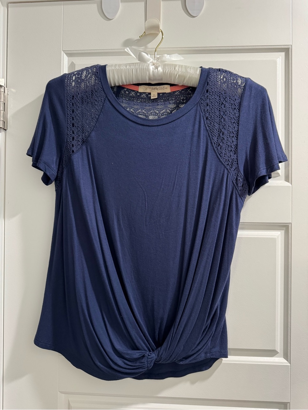 Rewind Navy Short-Sleeve Lace-Shoulder Knotted Tee